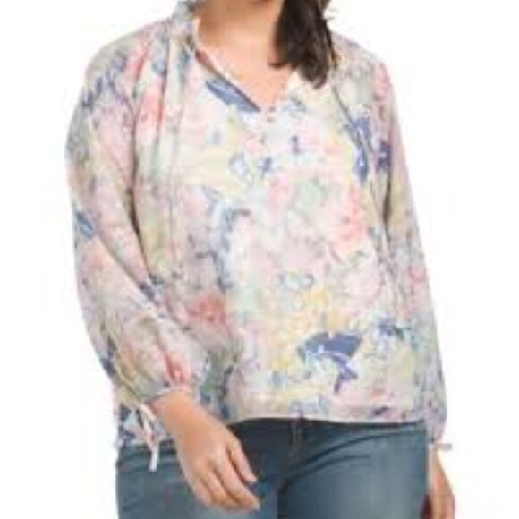 ELIE TAHARI WOMAN Floral Split V Neck Tie Closure Ruffle Collar Top Blouse 1X - Picture 1 of 9